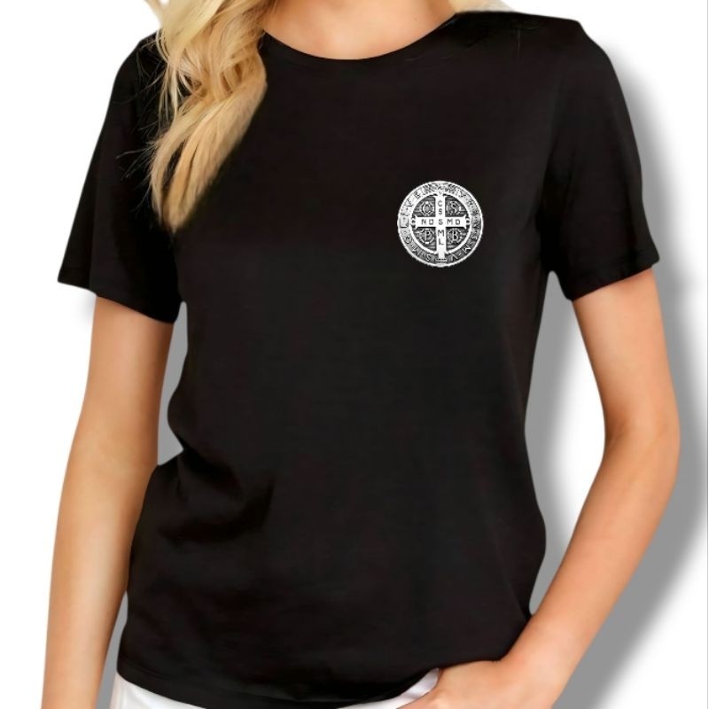Camiseta Camisa Premium Tshirt Camiseta Baby Look Feminina Algodão Premium Estampa Católica Medalha são Bento Blusa Algo