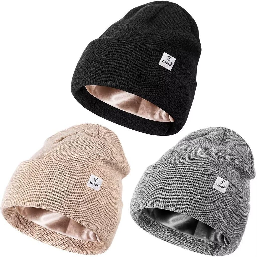 3 Pacotes de Gorros de Inverno Forrados de Cetim para Mulheres e Homens, Gorros Femininos Forrados de Seda, Gorro de Mal