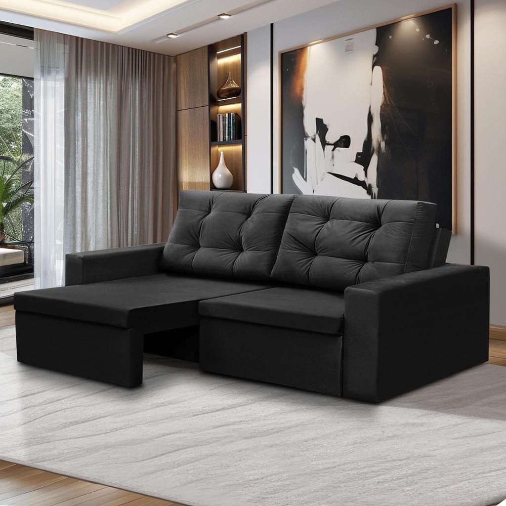 Sofá Retrátil 2 Lugares 1,80m Liz Suede Preto Adonai Estofados em Oferta na Shopee