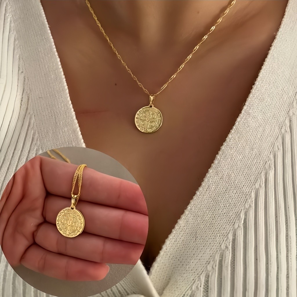 Colar medalha de sao bento folheado a ouro 18k ou parta 925 ，Presentes de Natal