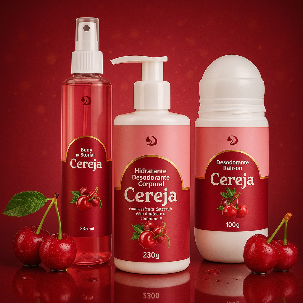 Kit Hidratante Corporal Karité e Extrato de Cereja Body Splash e Desodorante Sem Alumínio   Com Óleo de Melaleuca Dokmos