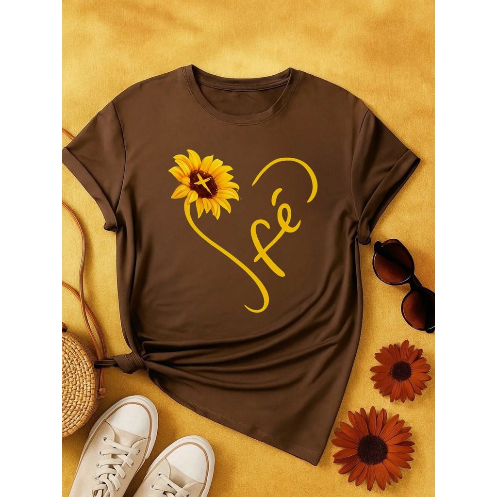 Camiseta Feminina Blusa  100% Algodão Fé – Girassol, Confortável e Estampada P M G GG em Oferta na Shopee