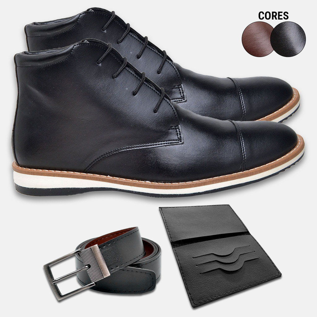 Kit Bota Masculina Casual Com Cinto e Carteira Cor Preto ou Marrom Cano Médio Coturno Antiderrapante