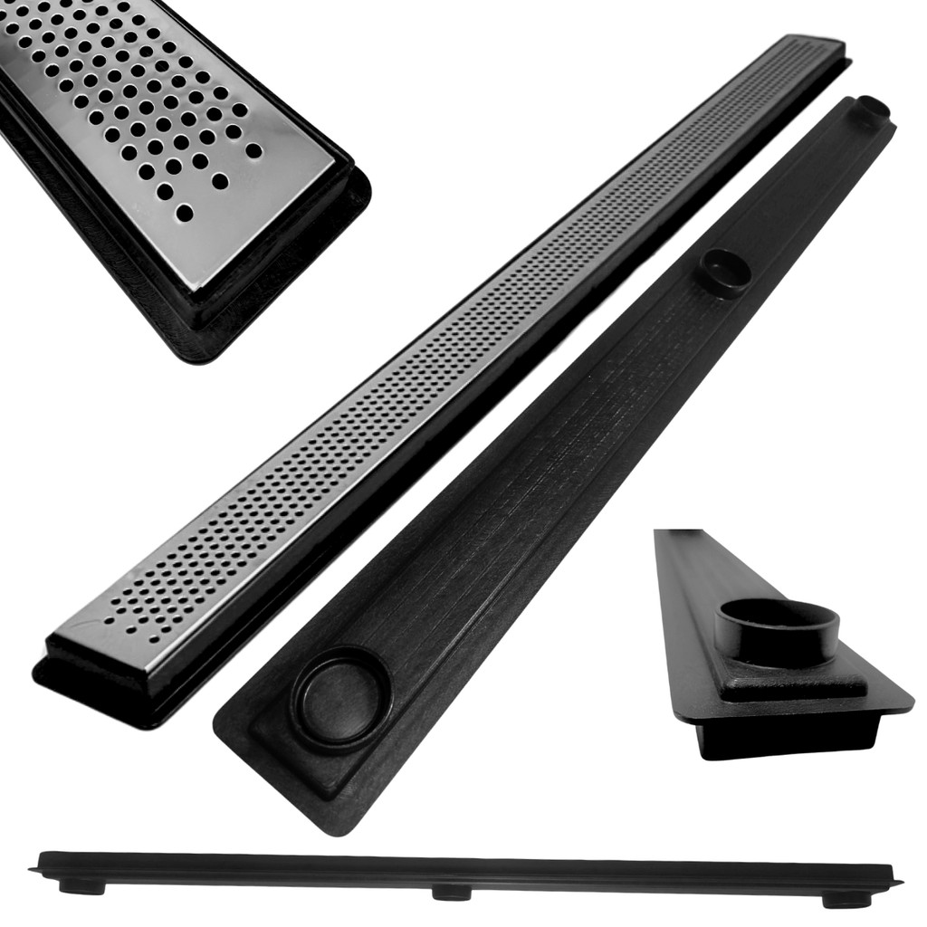 Ralo Baixo para Apartamento e Laje 80cm Inox Perfurado Cocho Raso Preto com Tela