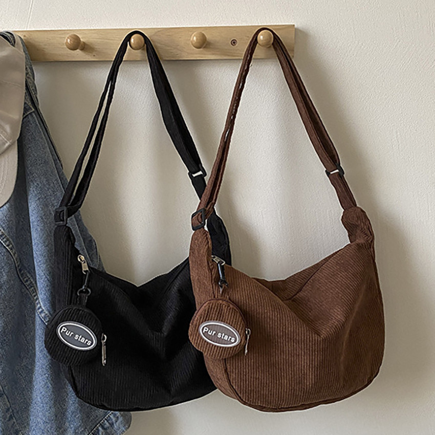 【Com porta-moedas】Bolsa De Ombro De Veludo Cotelê Bolsa Transversal De Moda Bolsa De Estudante Bolsa Crescente De Moda em Oferta na Shopee