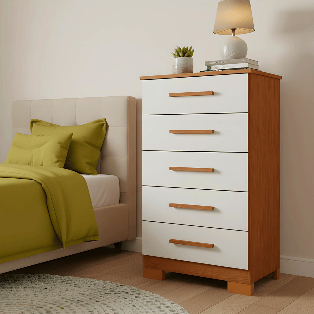 Cômoda 5 Gavetas Carol com Pés Freijó/Off White Batrol em Oferta na Shopee