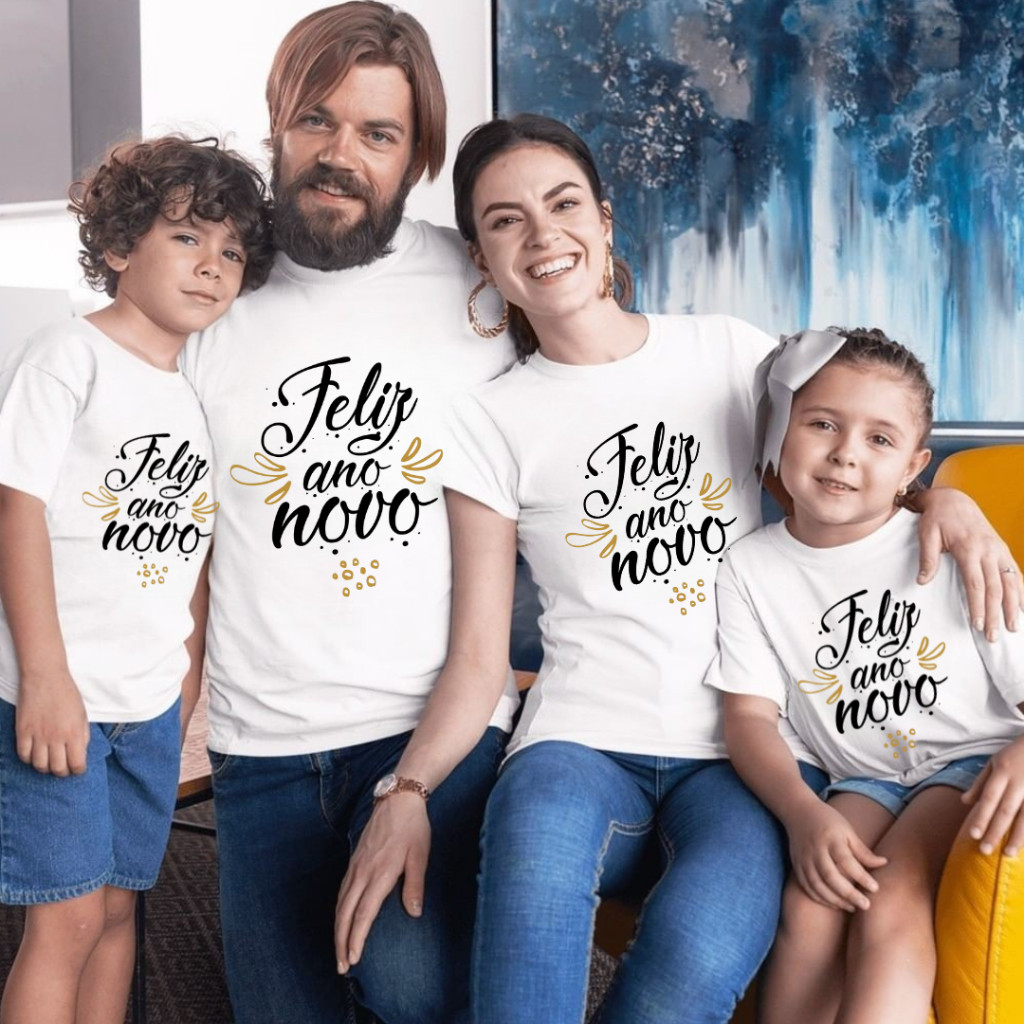 Camisetas Estampada O Ano Novo Para Família Feliz Ano Novo Com Gola Redonda 100% Algodão Unissex Adulto e Infantil