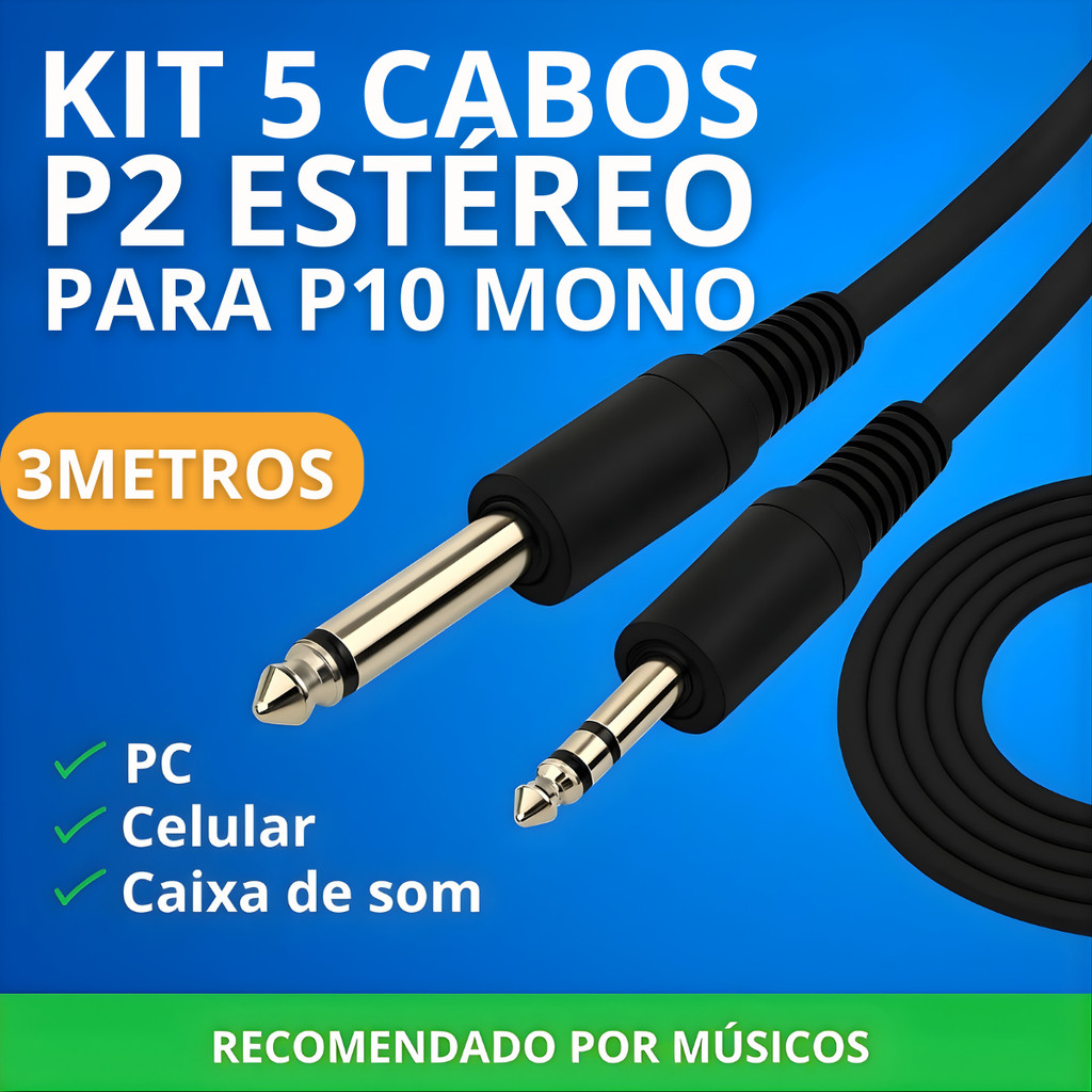 Kit 5 Cabos P2 Estéreo Macho Para P10 Macho Mono 3 Metros P2 P10 Áudio Som Profissional Instrumentos