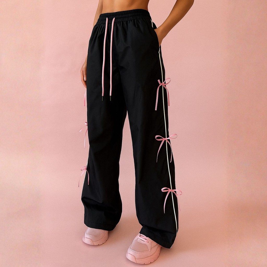 Calça Lolita Preta com Laços Rosa e Cordão Rosa Girly em Oferta na Shopee