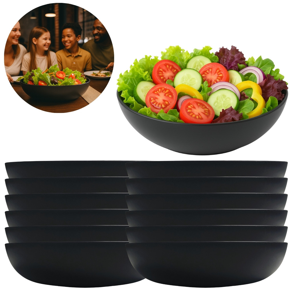 Kit 12 Pratos Fundo 1100ml Melamina Preto Saladeira