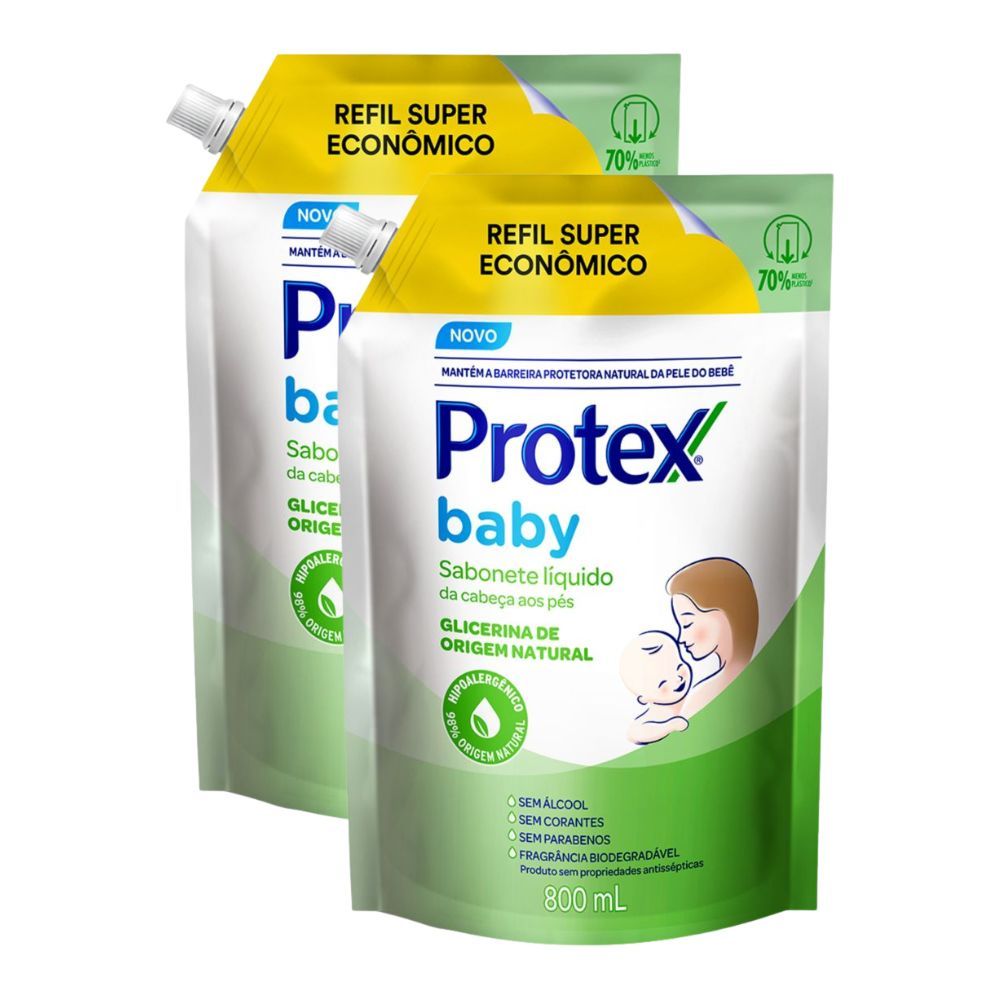 Kit 2 Sabonete Líquido Protex Baby da Cabeça aos Pés de Glicerina Refil Super Econômico 800ml em Oferta na Shopee