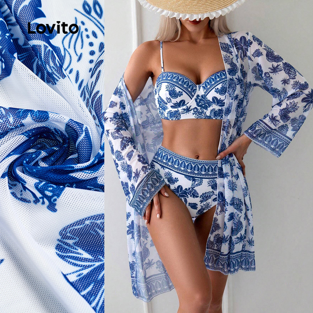 Lovito Conjuntos de Biquíni Boho para Primavera/verão Biquíni Azul para Mulheres LBL30221 em Oferta na Shopee