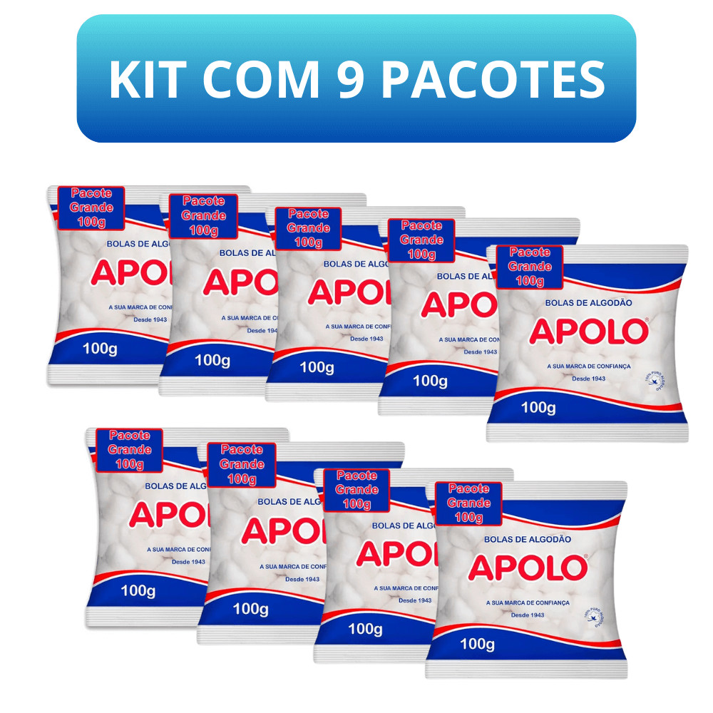 Kit c/9 Algodão em Bolas Apolo 100g – Qualidade Profissional p/ Limpeza Facial e Cuidados Corporais