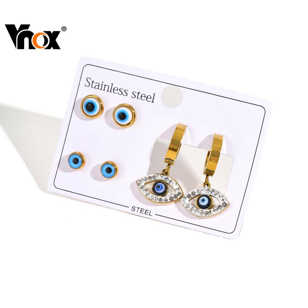 Vnox 3 Pcs Evil Eye Amulet Earrings Set Hypoallergenic Stainless Steel Hoop Drop Earrings