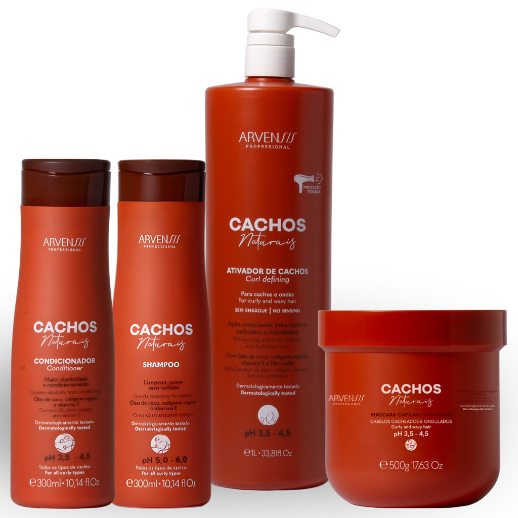 Kit Arvensis Cachos Naturais Completo 4 Produtos Ondulados Cacheados C/ Ativador Grande 1L