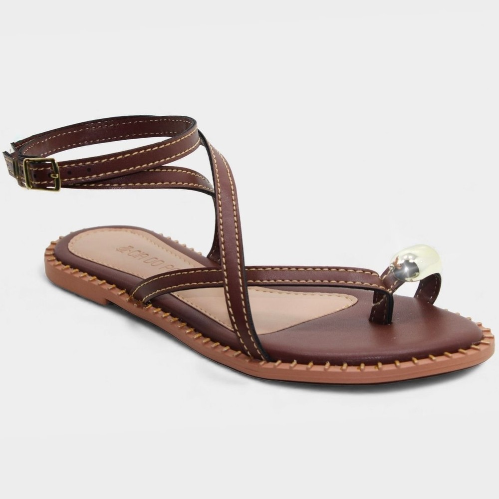 Rasteira Cia do Porto Amarração Detalhes Feminina - Marrom Escuro em Oferta na Shopee