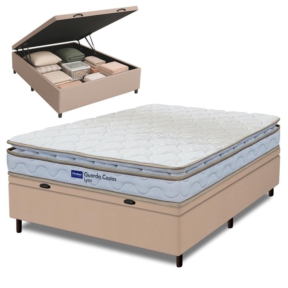 Cama Box Baú Casal Probel Espuma D33 Pillow Top 138x188x59cm Guarda Costas Lyon Branco/Bege em Oferta na Shopee