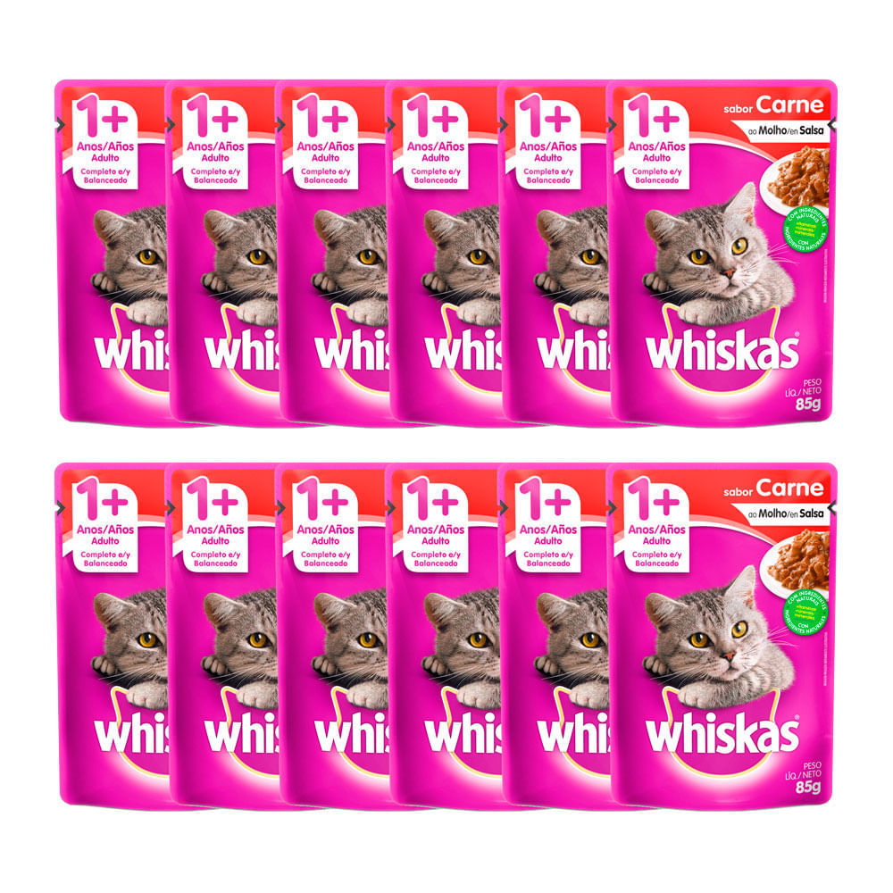 Kit 12 Ração Úmida para Gatos Whiskas Adulto 1+ Anos Sabor Carne ao Molho em Sachê 85g em Oferta na Shopee