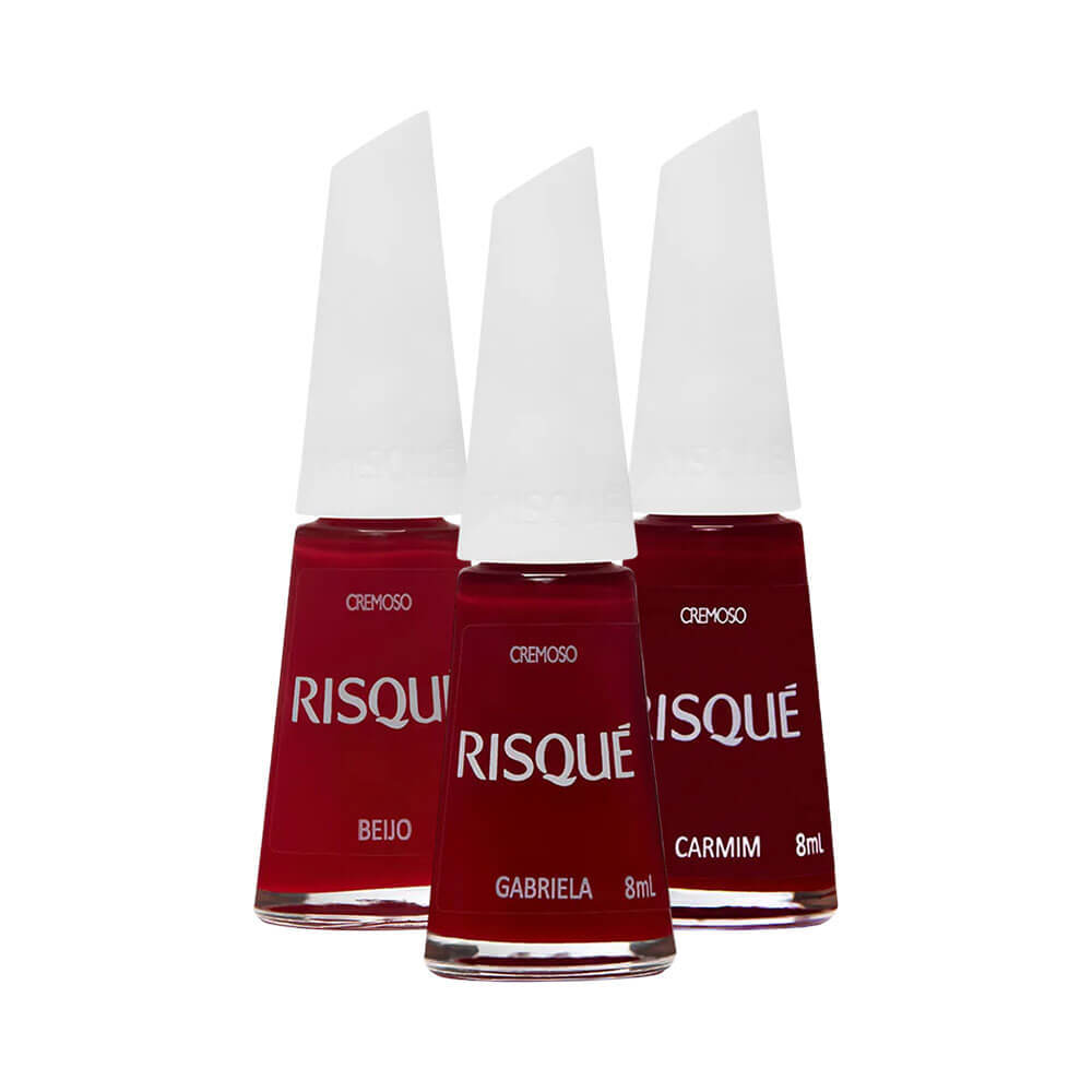 Kit 3 Esmaltes Risqué Vermelhos Cremoso Hipoalergênico