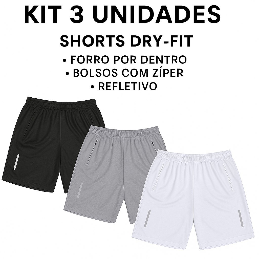 Kit com 3 Shorts Bermudas Dry Fit Esportiva Treino 2024 Com Zíper no Bolso BLACK FRIDAY