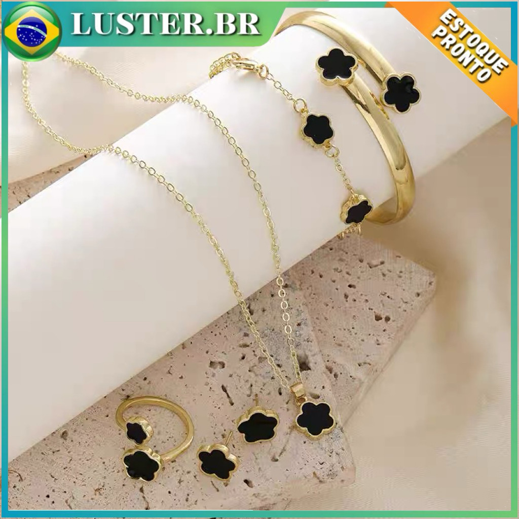 Conjunto de Joias Femininas Folha de Trevo - Dourado+Preto, Colar+Pulseira+Brinco, Não Desbotar, Estoque Pronto