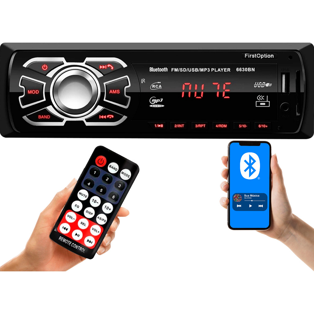 Rádio MP3 Player Som Automotivo 6630BN Bluetooth Universal 1 Din com USB e Leitor de Cartão SD