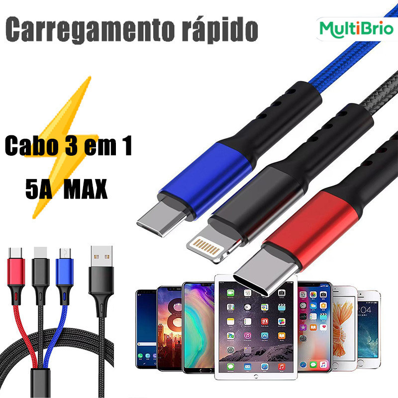 Cabo 3 em 1: Um Cabo para iPhone, Android e Todos os Dispositivos! Carregamento Rápido de Alta Velocidade！