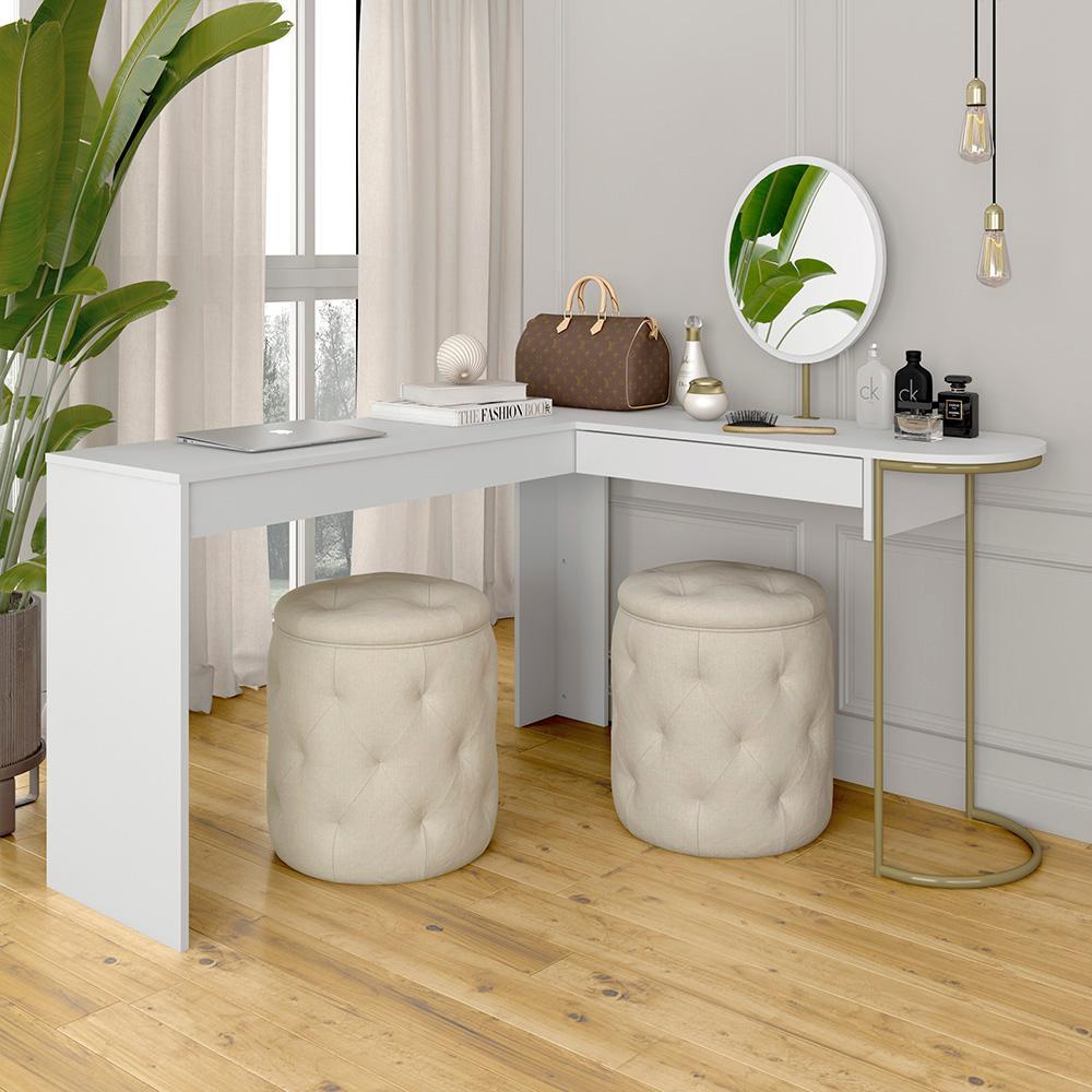 Escrivaninha Penteadeira Em L Com Espelho Mavi Dourado/branco - M.a em Oferta na Shopee