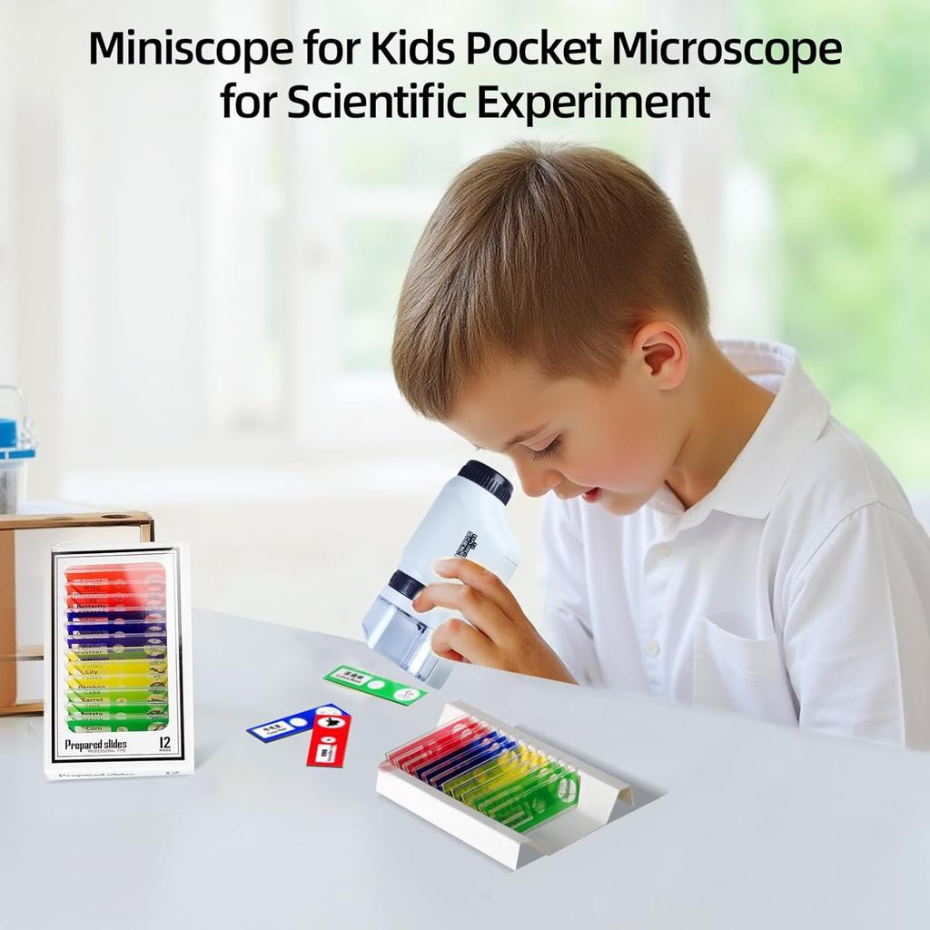 Microscópio Educacional Infantil 60X-180X – Ampliação para Observação de Plantas, Incluso 4 Lâminas de Experimento