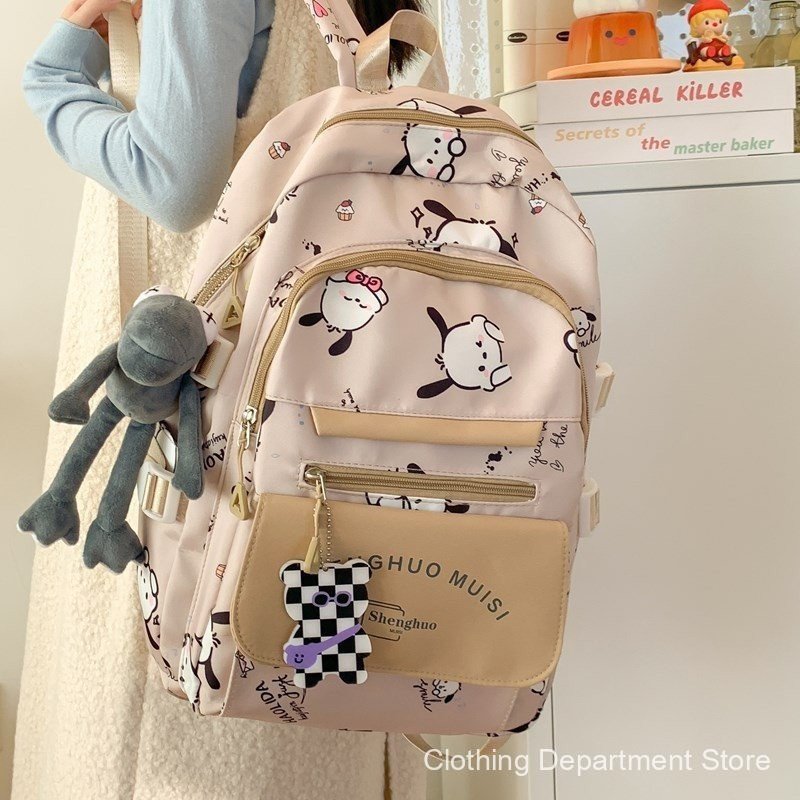 Mochila Universitária de Grande Capacidade Sanrio Pochacco, Leve e Fashionável, Mochila de Desenho Animado para Mulheres