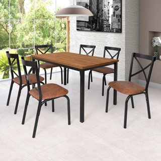 Conjunto Karina Flex 1,36m Tampo Laminado com 6 Cadeiras Preto Fosco/Caramelo/Amêndoa em Oferta na Shopee