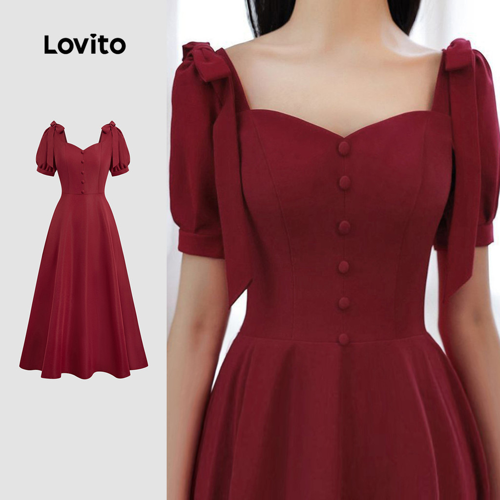 Lovito Vestido Glamoroso Com Botões Primavera/verão Cor Vinho Para Mulheres L158AD209 em Oferta na Shopee