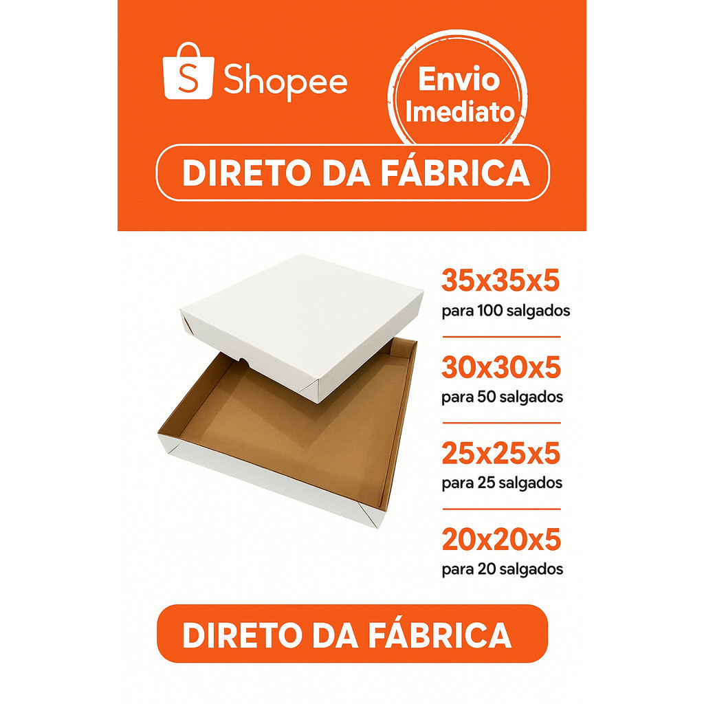 10 Caixas 35x35x5 para (100 Salgados ou Doces) Branco/Kraft