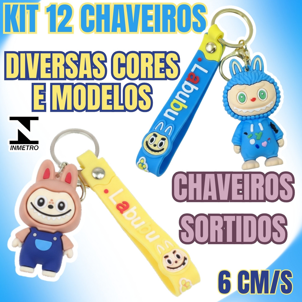 Kit 12 Chaveiros Mascote Sortidos em PVC – Várias Cores e Modelos – 6cm