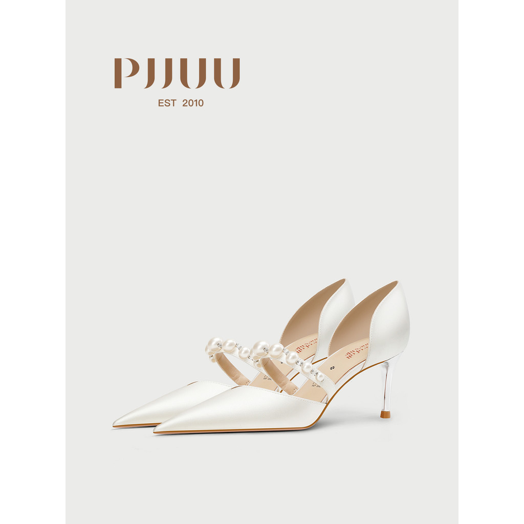 Pjjuu sapatos de casamento branco cetim sapatos de casamento feminino noiva casamento salto alto não cansado pé cinta oc