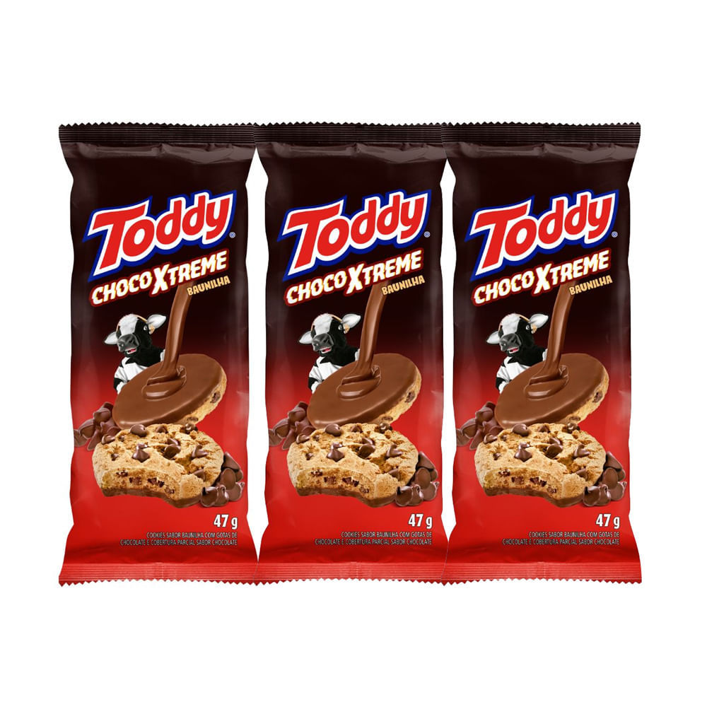 Kit 3 Cookies Toddy ChocoXTreme Sabor Baunilha com Gotas de Chocolate 47g