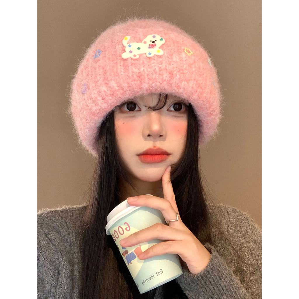 Rosa estrela filhote de cachorro chapéu de lã feminino outono inverno versão coreana rosto-olhando pequeno chapéu de mal