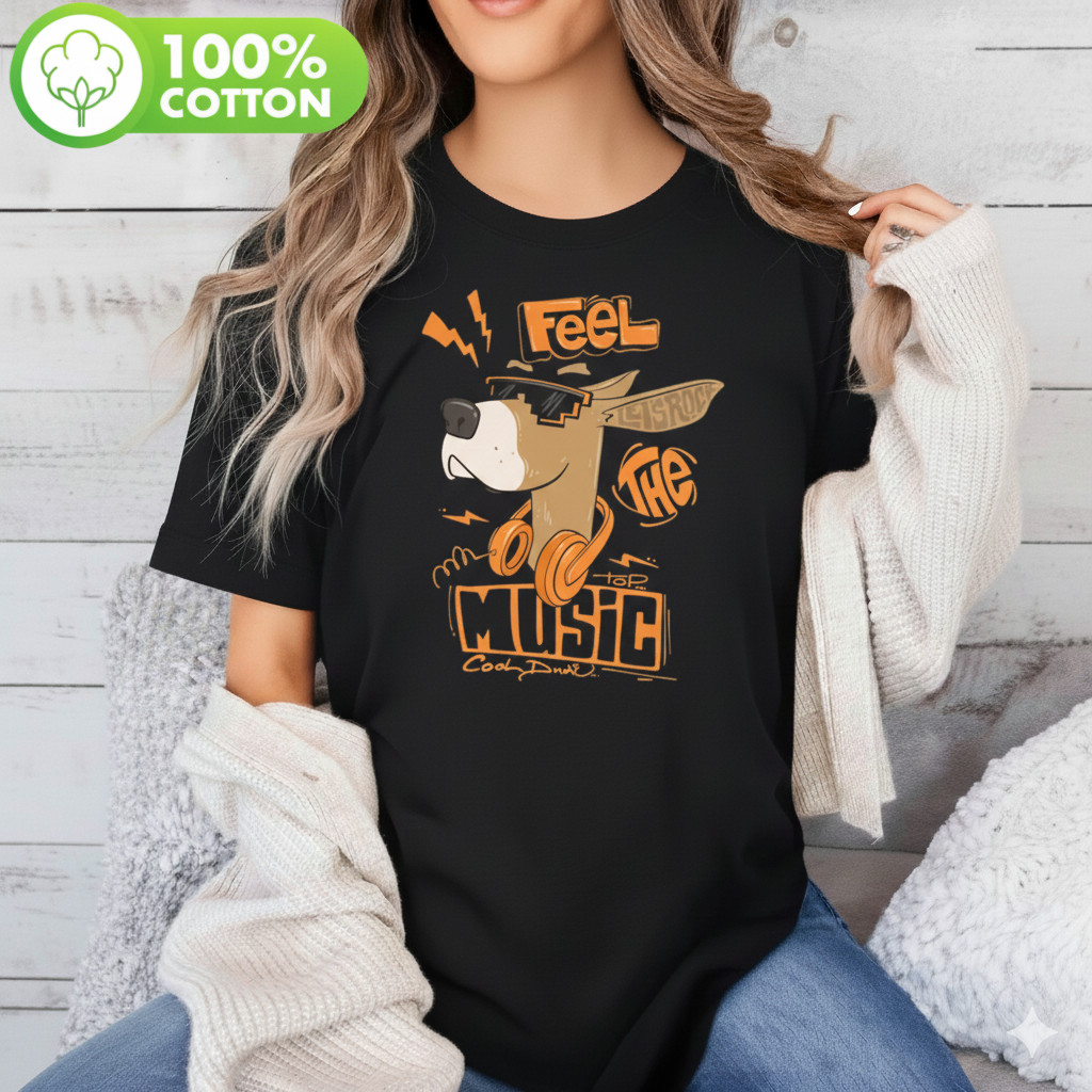 Camiseta Cachorro DJ Feel The Music Estampada Algodão Confortável Divertida Estilosa Moda Casual