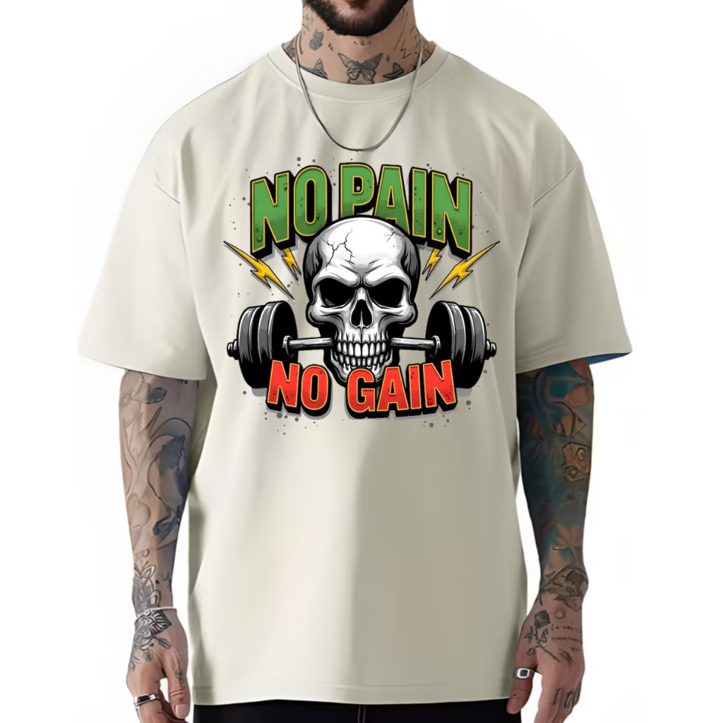 Camiseta Premium Oversized Fitness Academia No Pain No Gain Camisa Estampada Caveira Musculação P/GG