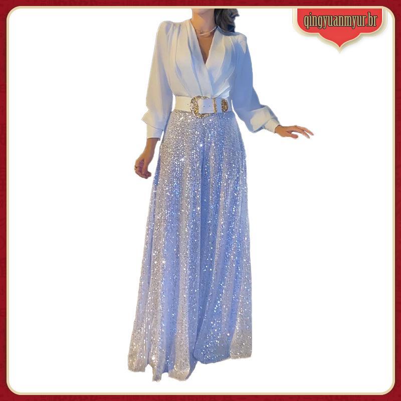 YYR-- Ladies Prom Jumpsuit Brilhante Perna Larga Lantejoulas Manga Longa Corte Baixo Pescoço Em V De Lanterna Pregueada