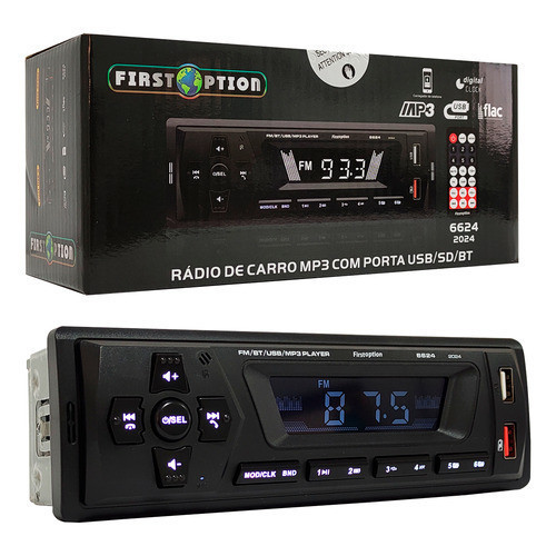 Radio First Option 6624 Preto Bluetooth 1 Din Usb Rca Sd