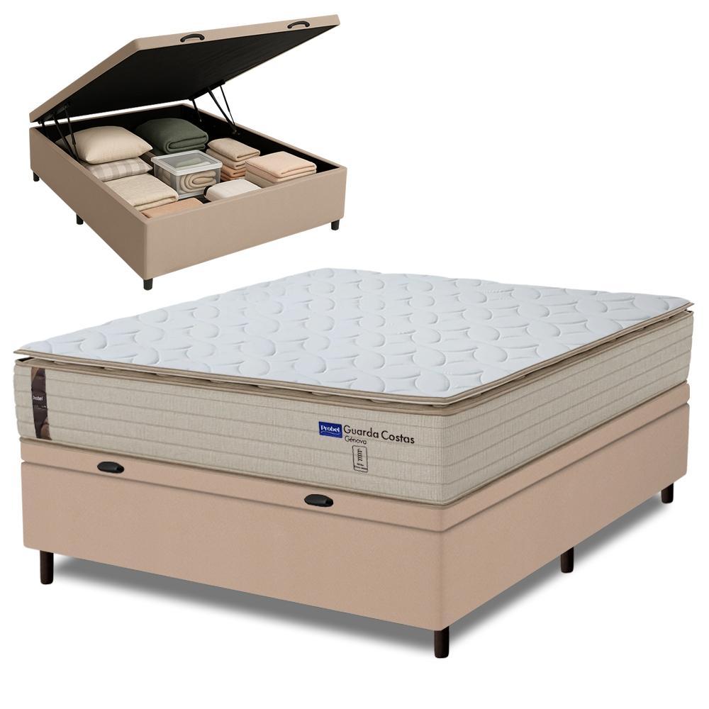 Cama Box Baú Casal Probel Molas Ensacadas Pillow Top 138x188x71cm Guarda Costas Genova Branco/Bege em Oferta na Shopee