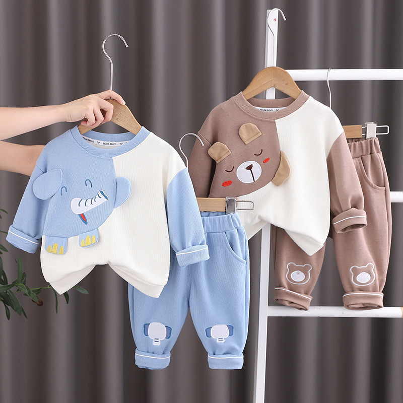 Crianças roupas infantis dos desenhos animados Animal em torno do pescoço calças de manga comprida terno de duas peças, 
