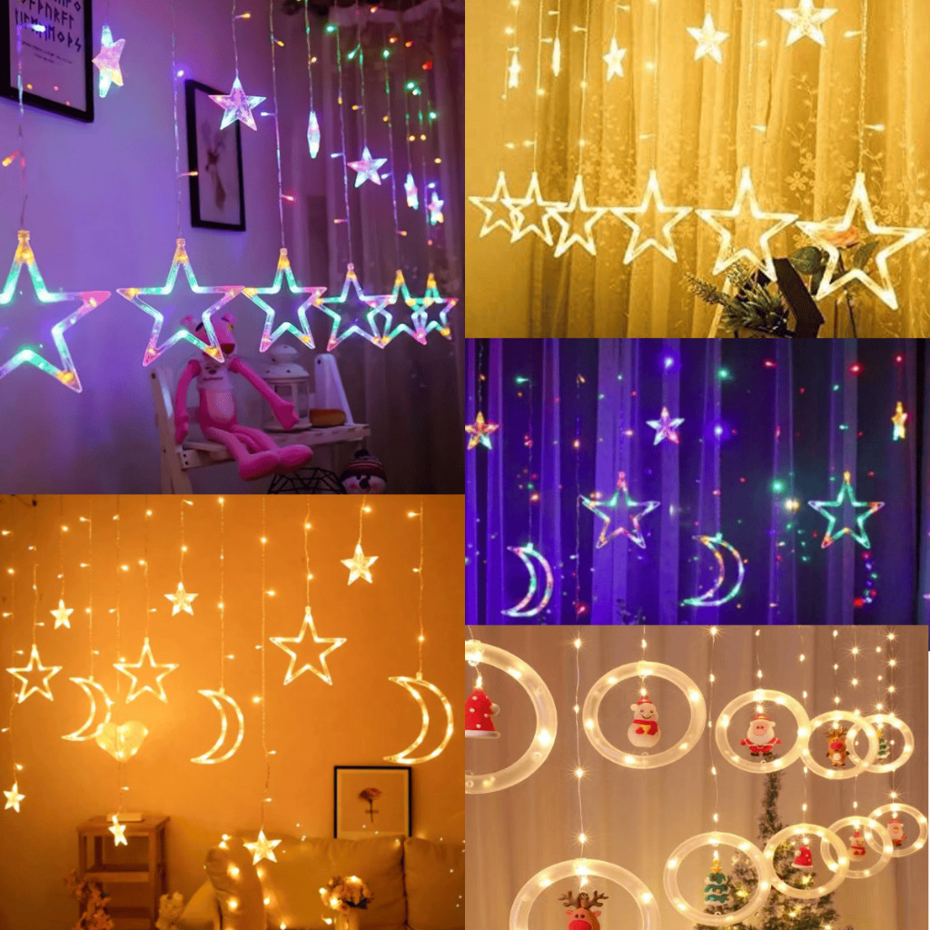 Cortina de Luz LED para Natal - Enfeite com Estrela, Lua, Neve e Papai Noel | Pisca-Pisca Decorativo
