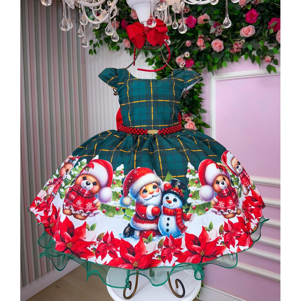 Vestido Infantil Menina Natal Natalino Verde Vermelho Xadrez Papai Noel Ursinho Ensaio Formatura