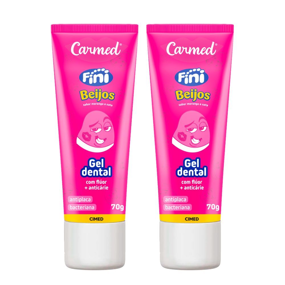 Kit 2 Gel Dental Carmed Fini Beijos Sabor Morango e Nata com Flúor e Anticárie 70g em Oferta na Shopee