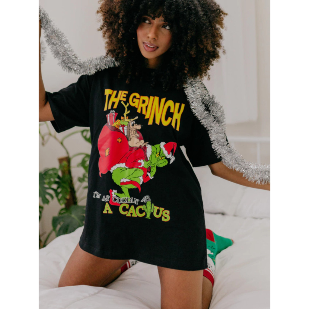 [Camiseta Premium em Algodão Puro]SISI CAMISETA  LANÇAMENTO GRINCH COR PRETA CAMISA NATAL OVERSIZED STREETWEAR