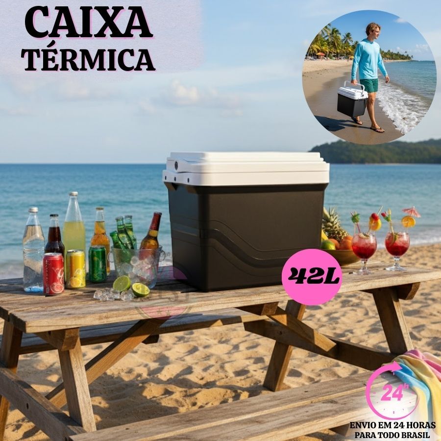 Caixa Térmica 42L Cooler Viagem Praia Piscina Camping c/ Porta Copos Cabe 60 Latas Super Oferta!!!