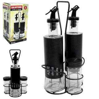 Galheteiro Duplo de Vidro Grosso 200ml + 85ml Antigotejo | Azeite, Shoyu e Molhos | Suporte Premium Cozinha Organizada em Oferta na Shopee