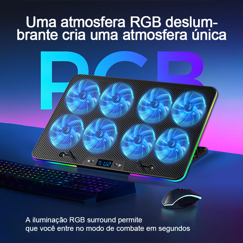 Base Cooler Notebook RGB USB 2000RPM Suporte Refrigerador para Laptop Gamer Ajustável 7 Alturas com 2 USB